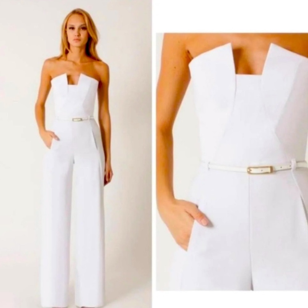 Black Halo Lena White Strapless Jumpsuit perfect for Labor Day weekend!
